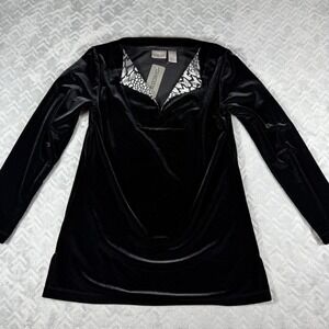 CHICO'S Women's Black Velvet Animal Print Collar Sweater Size Medium (1) NWT‎